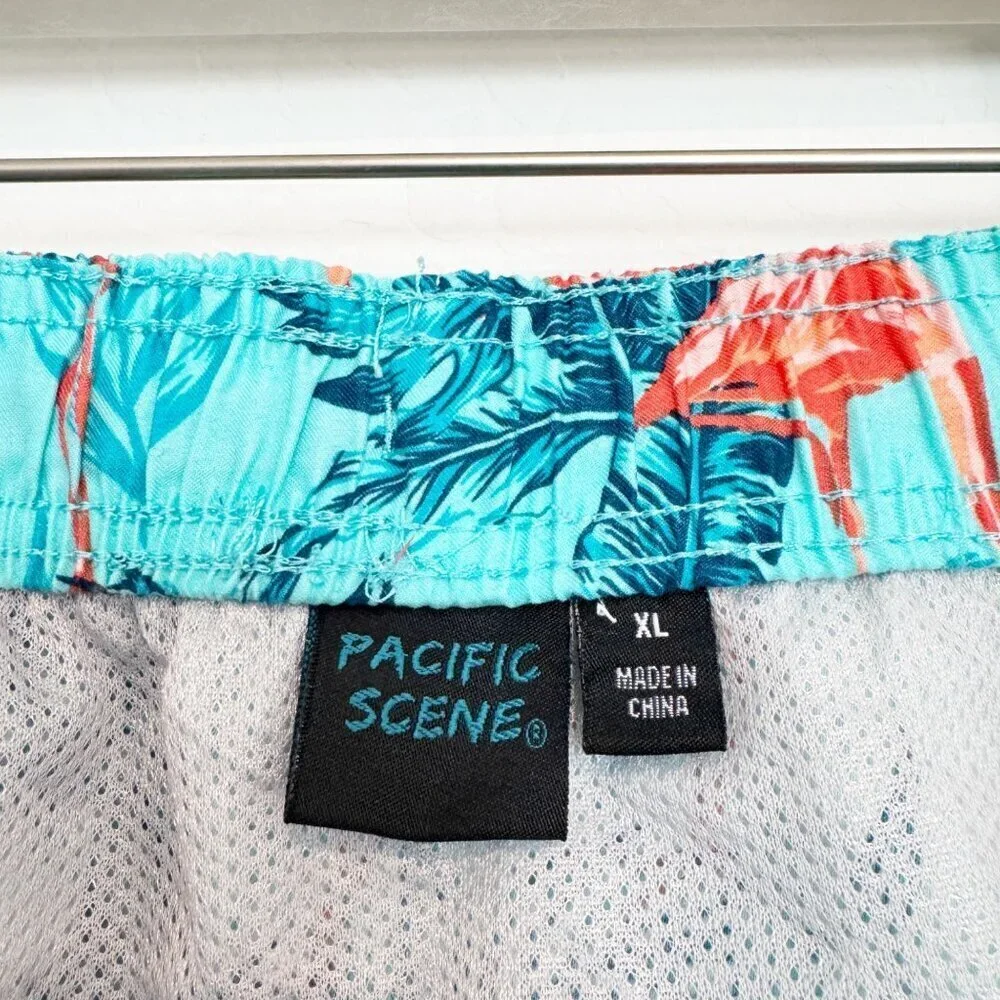 Pacific Scene Flamingo Print Mens Bathing Suit Swim Shorts Lined‎ Summer Blue XL